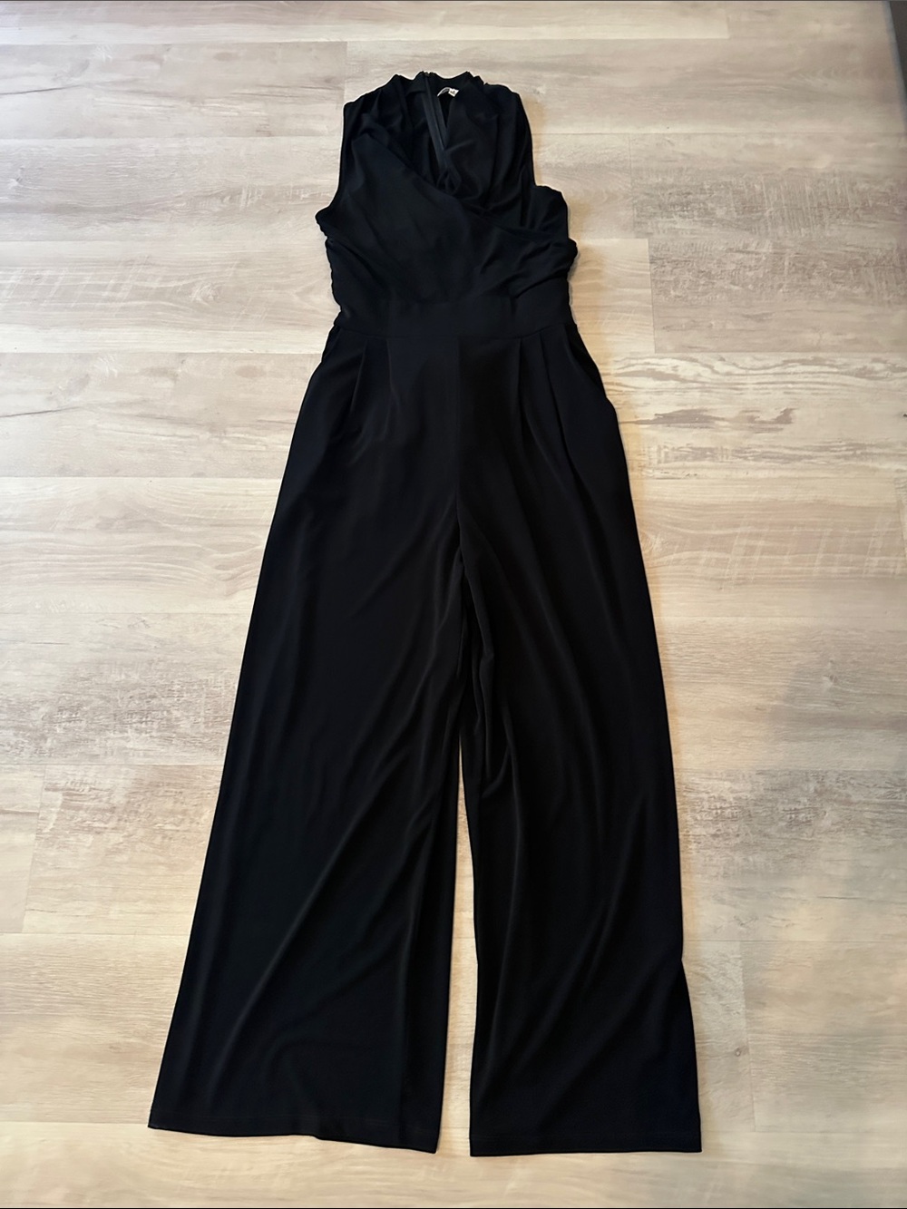 Sleeveless Black Draped V-Neck Wide-Leg Jumpsuit